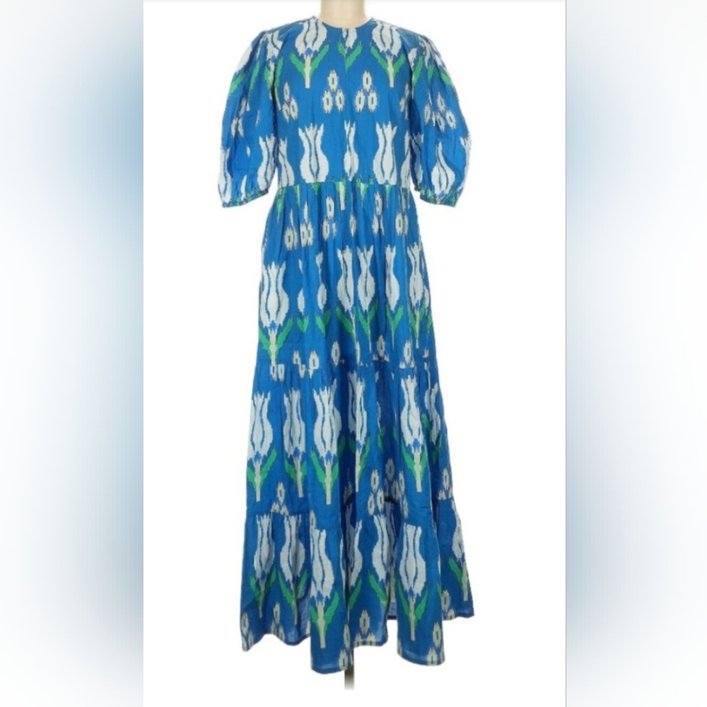 Oliphant Printed Tulip Pocketed Puff Sleeve Maxi Dress With Matching Belt Sz L - Picture 4 of 16